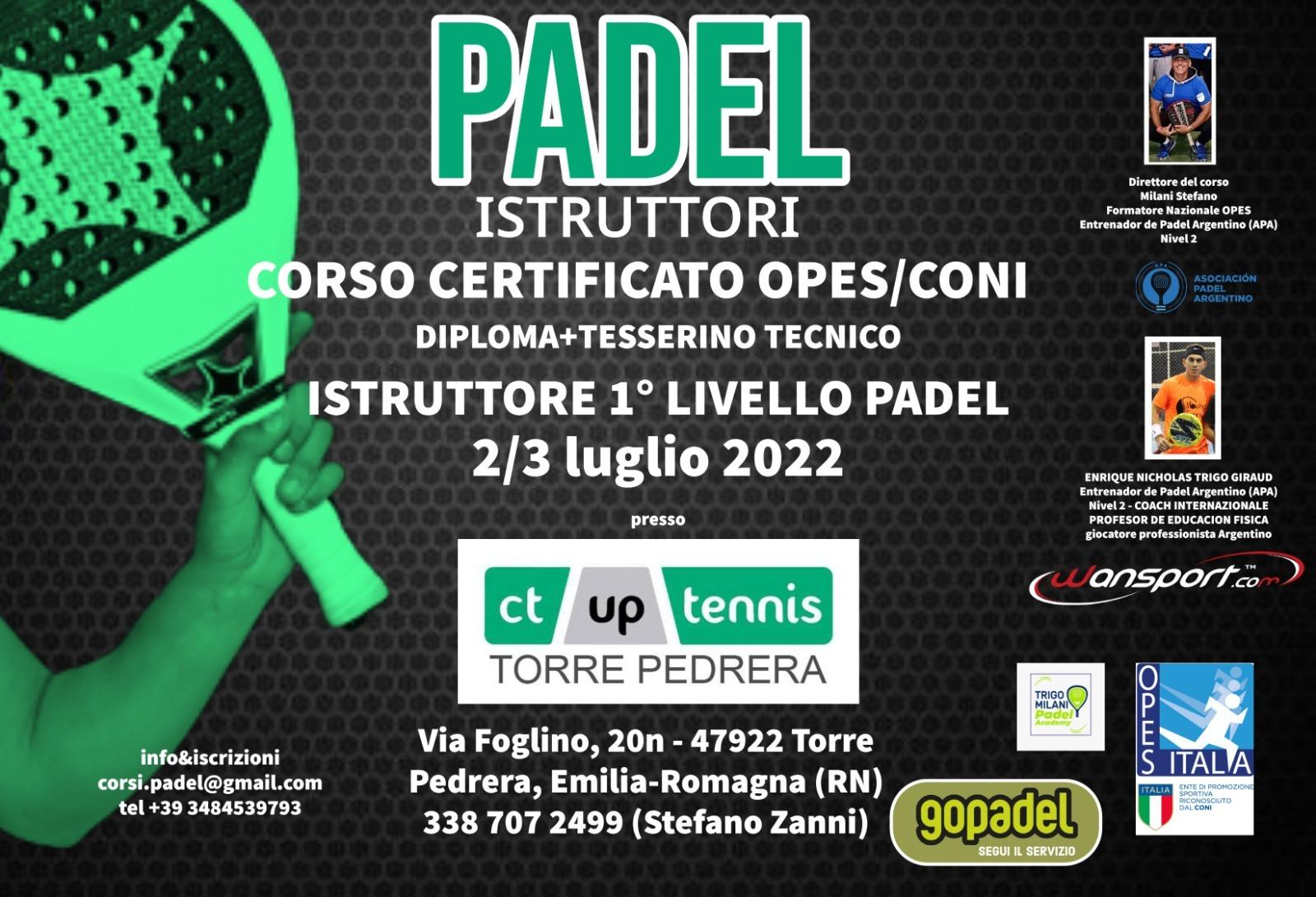 Il 2 e 3 luglio all’Up Tennis i corsi per istruttori di padel Opes-Coni