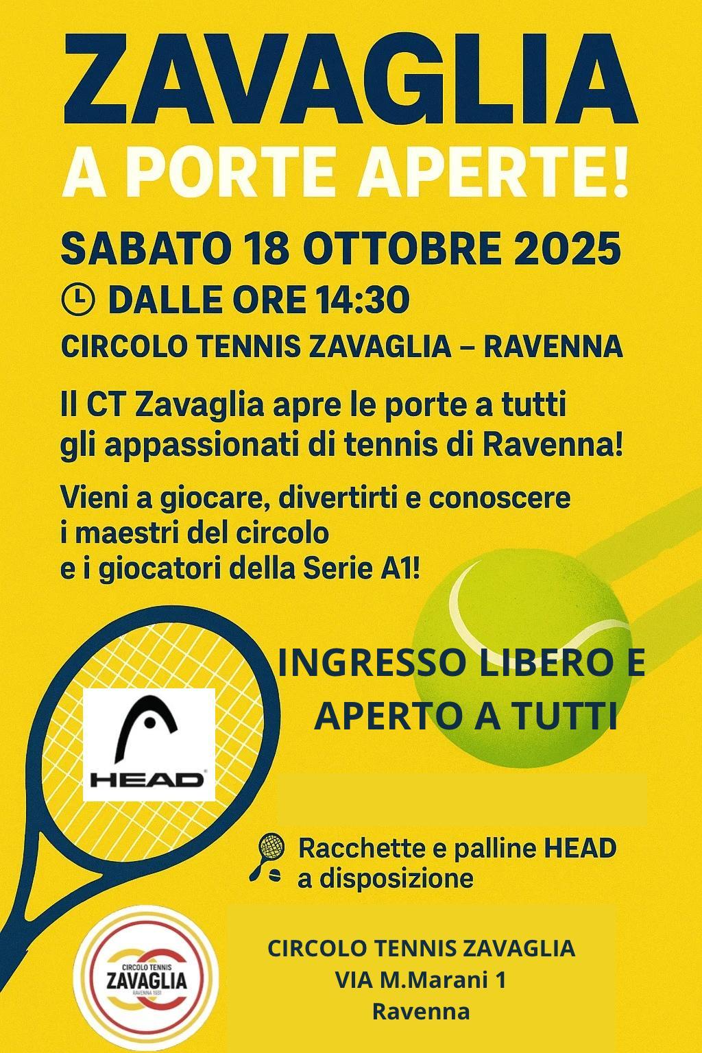 Porte aperte al Circolo Tennis Zavaglia sabato dalle 14.30: tutti potranno giocare con i maestri ed i portacolori della A1 in un pomeriggio di full immersion sportiva