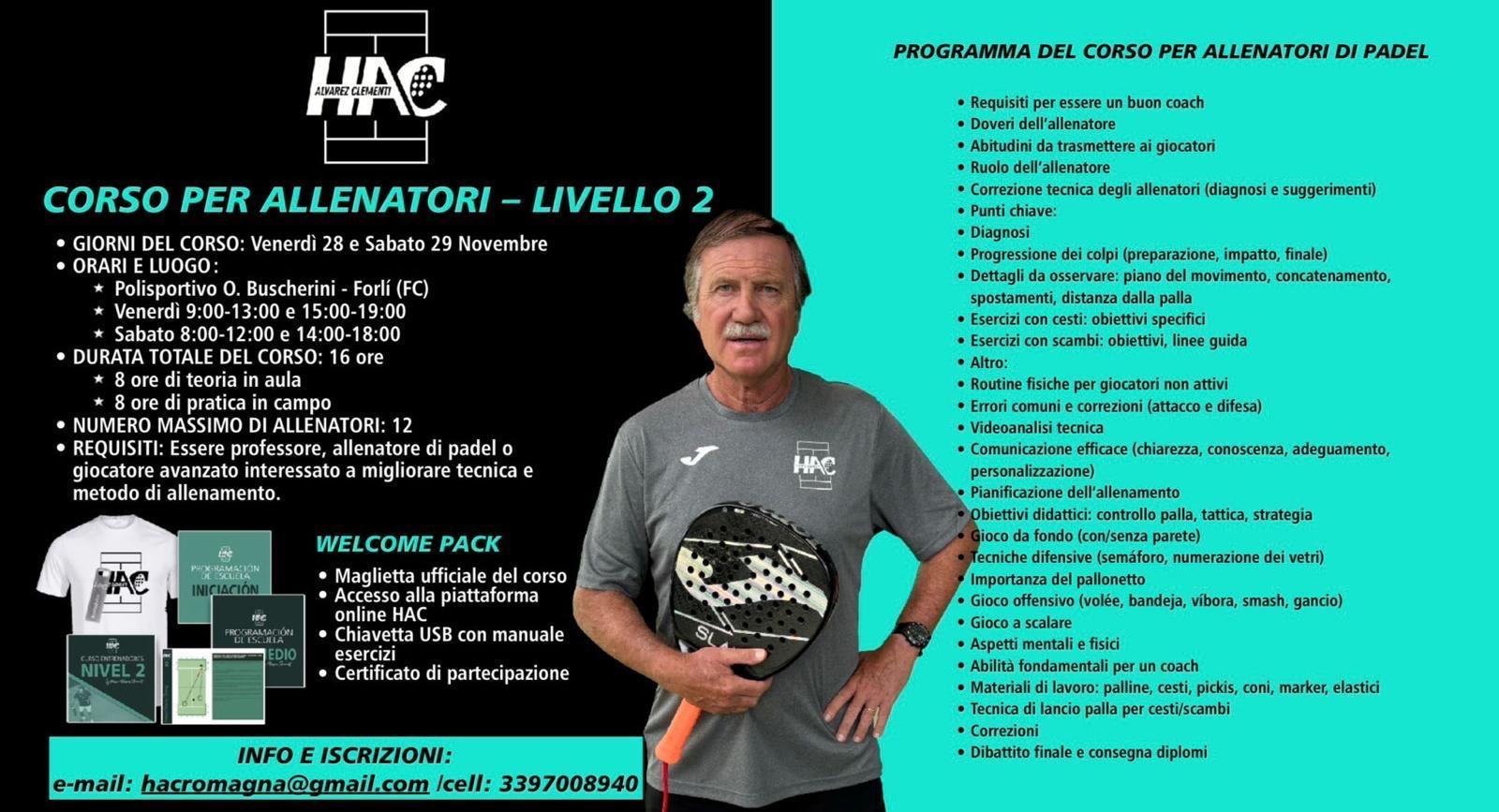 Padel: corso per allenatori con il grande Horacio Alvarez Clementi il 28 e 29 novembre a Forlì