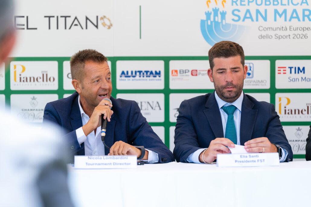 Nicola Lombardini, direttore del torneo, ed Elia Santi, presidente della Federtennis sammarinese, durante la conferenza stampa